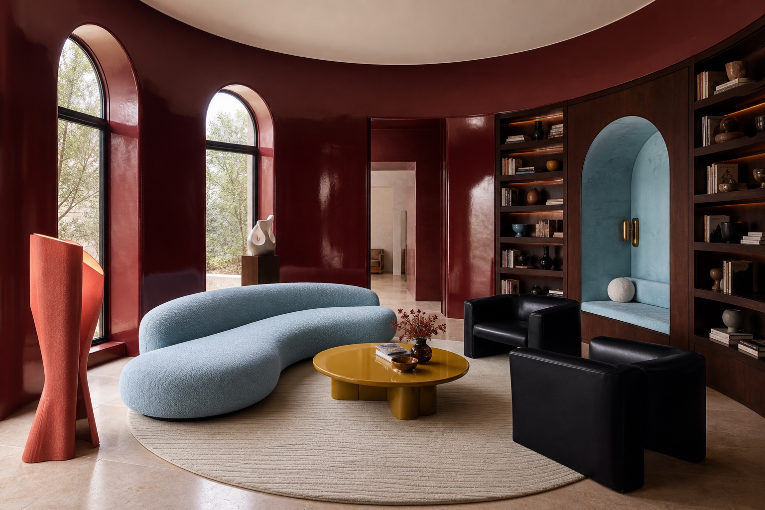 Colorful arched lounge design case with red walls, blue sofa, and sculptural furniture