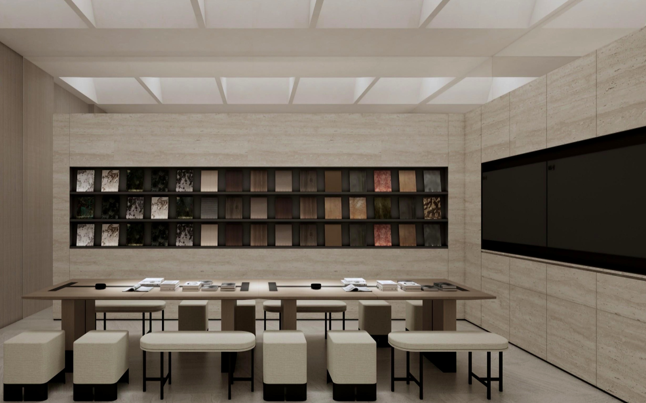 Office material room design case with sample display wall