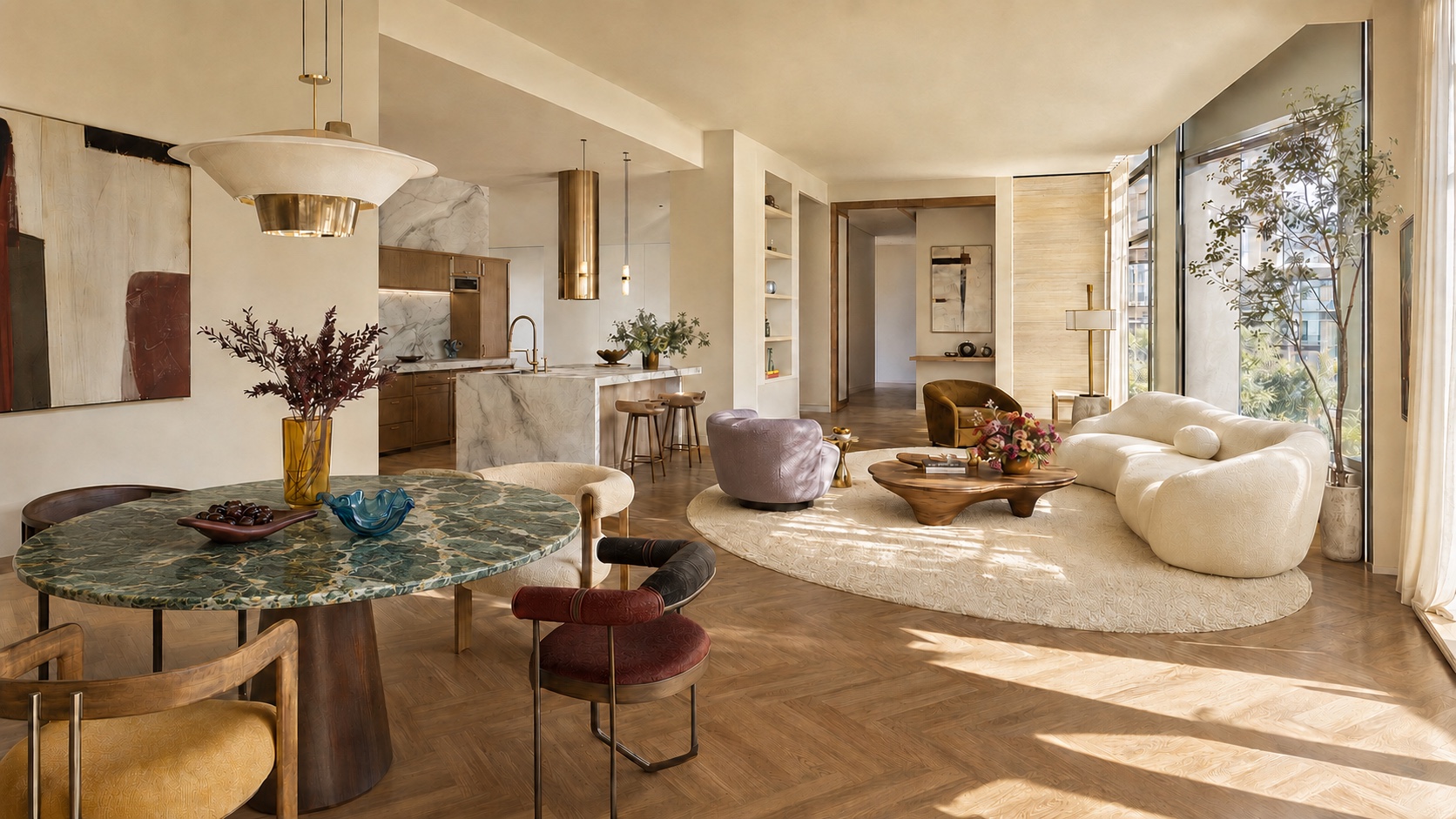 Open living, dining, and kitchen design case with marble table, soft lounge seating, and warm daylight