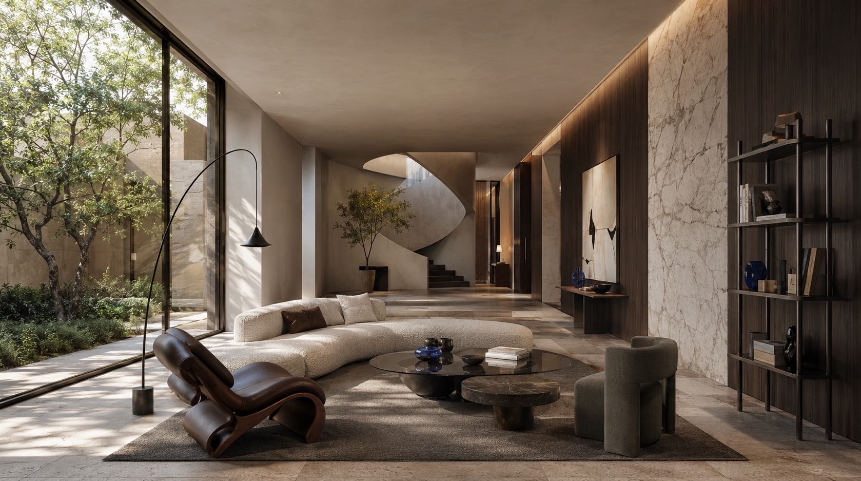 Residential lounge design case with courtyard view, stone wall, and sculptural seating