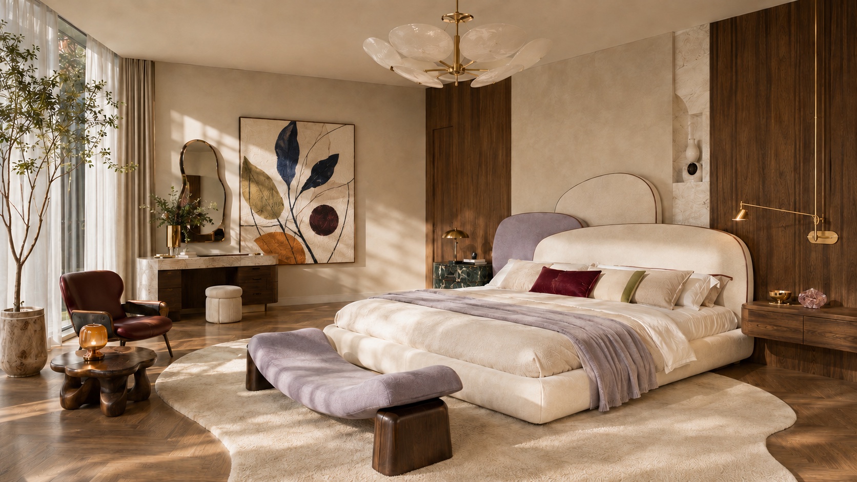 Villa bedroom design case with warm wood panels, sculptural bed, soft lounge seating, and layered textiles