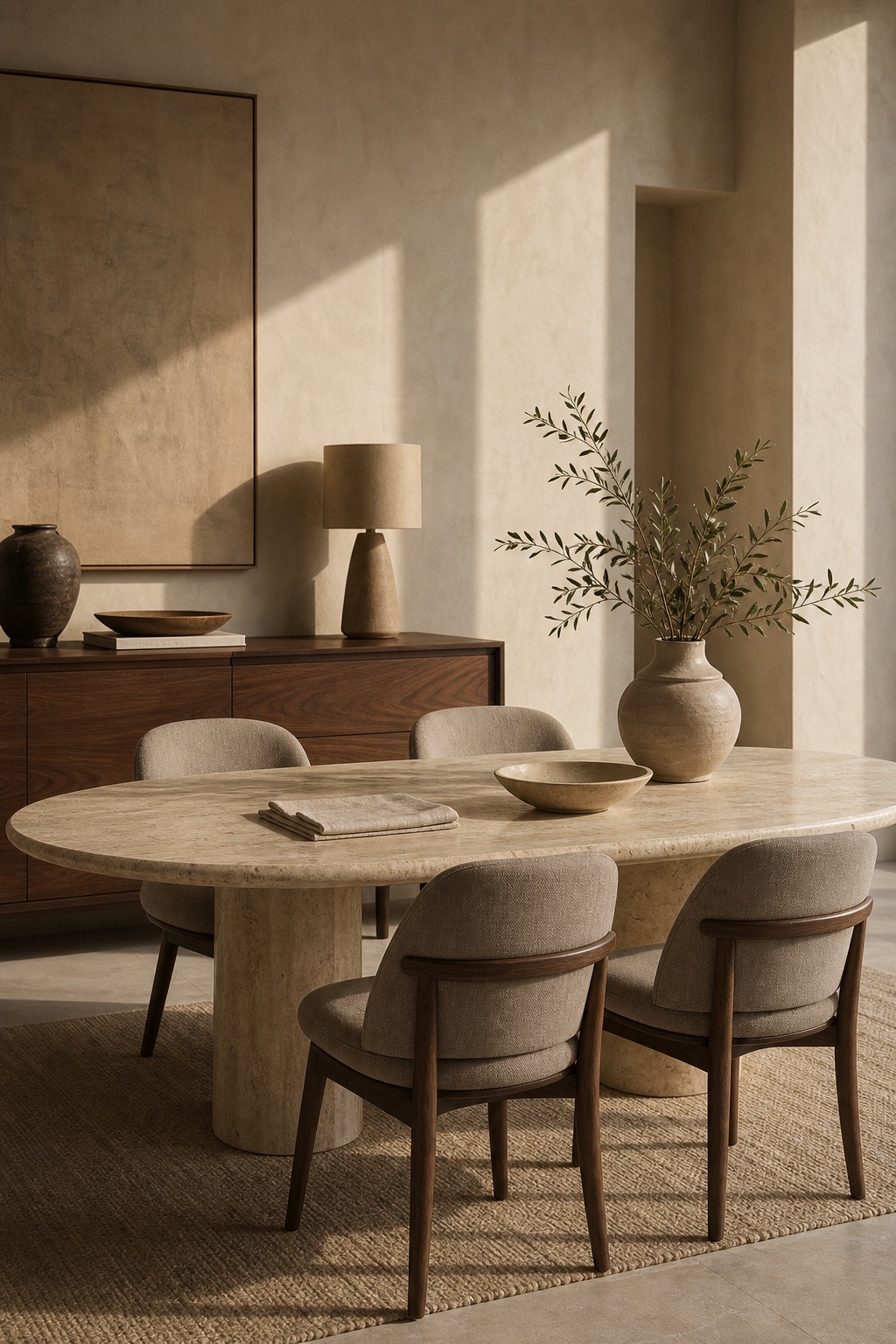 Warm dining room scene with stone table and upholstered chairs