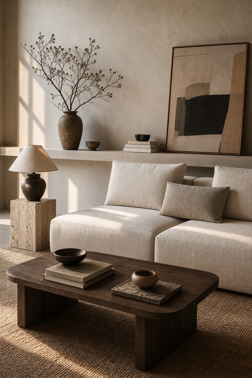 Warm living room scene with sofa, coffee table, and textured materials