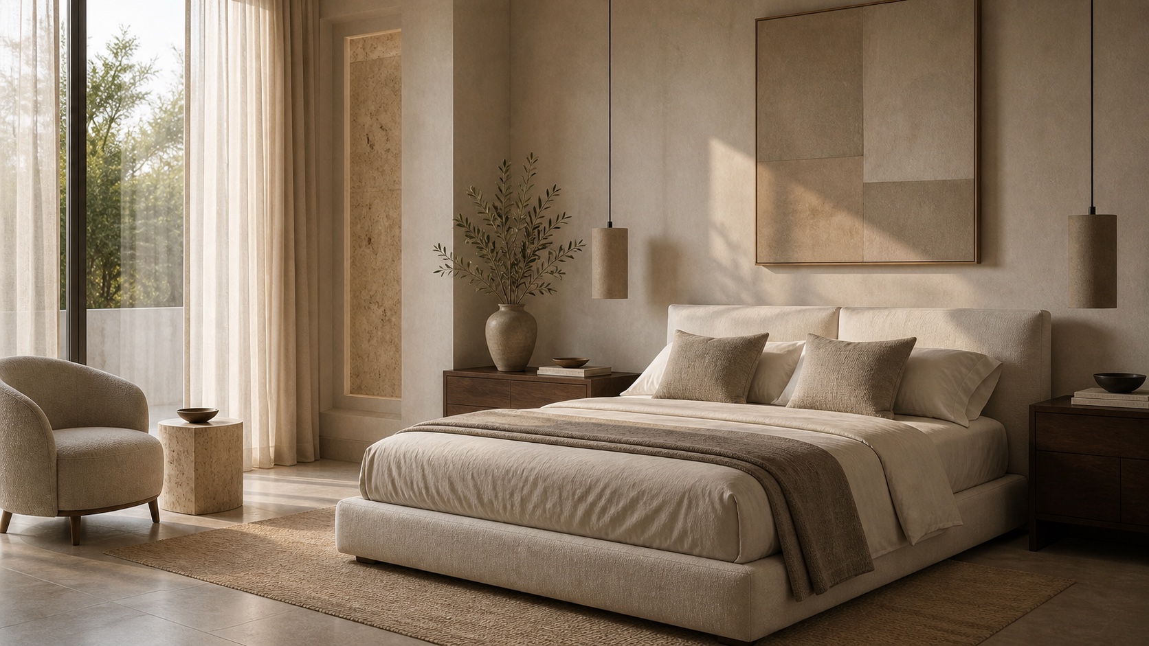 Refined bedroom interior with tailored furniture and warm natural light