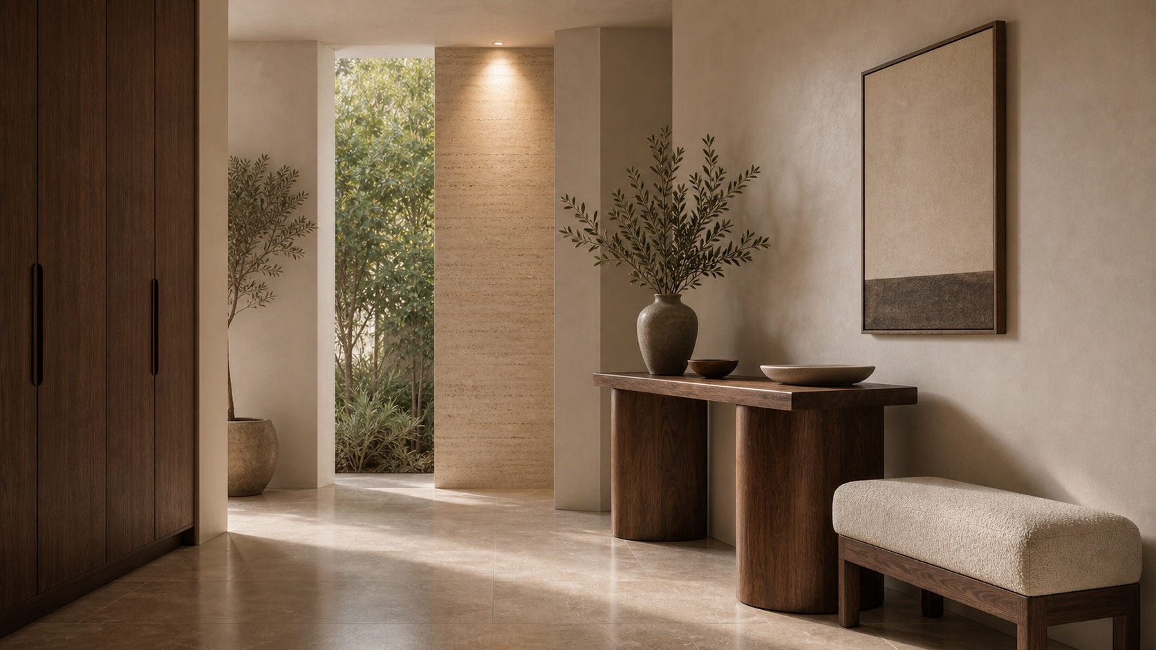 Quiet residential foyer with sculptural console and upholstered bench