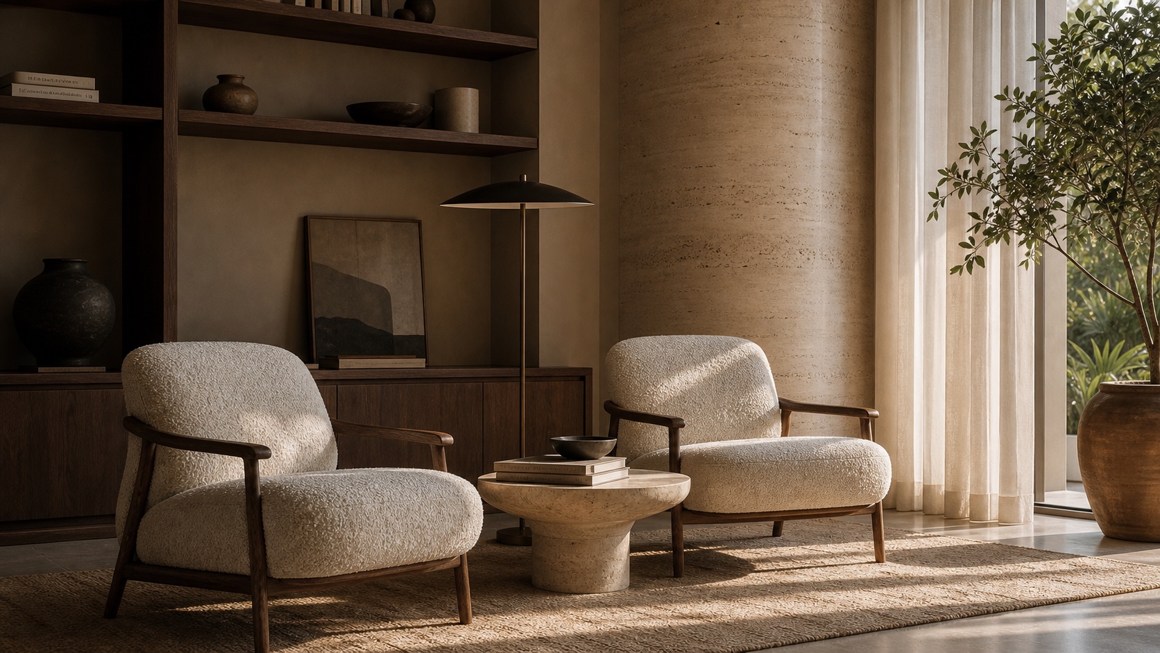 Quiet reading lounge with sculptural chairs and natural materials