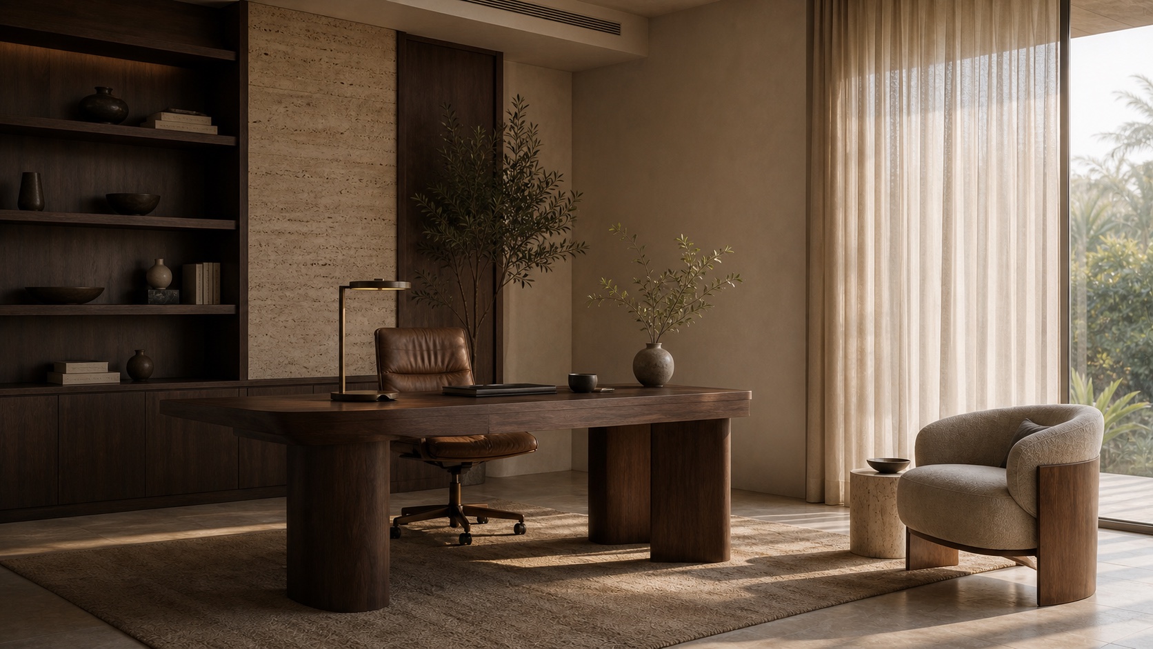 Refined home study with walnut desk and tailored seating