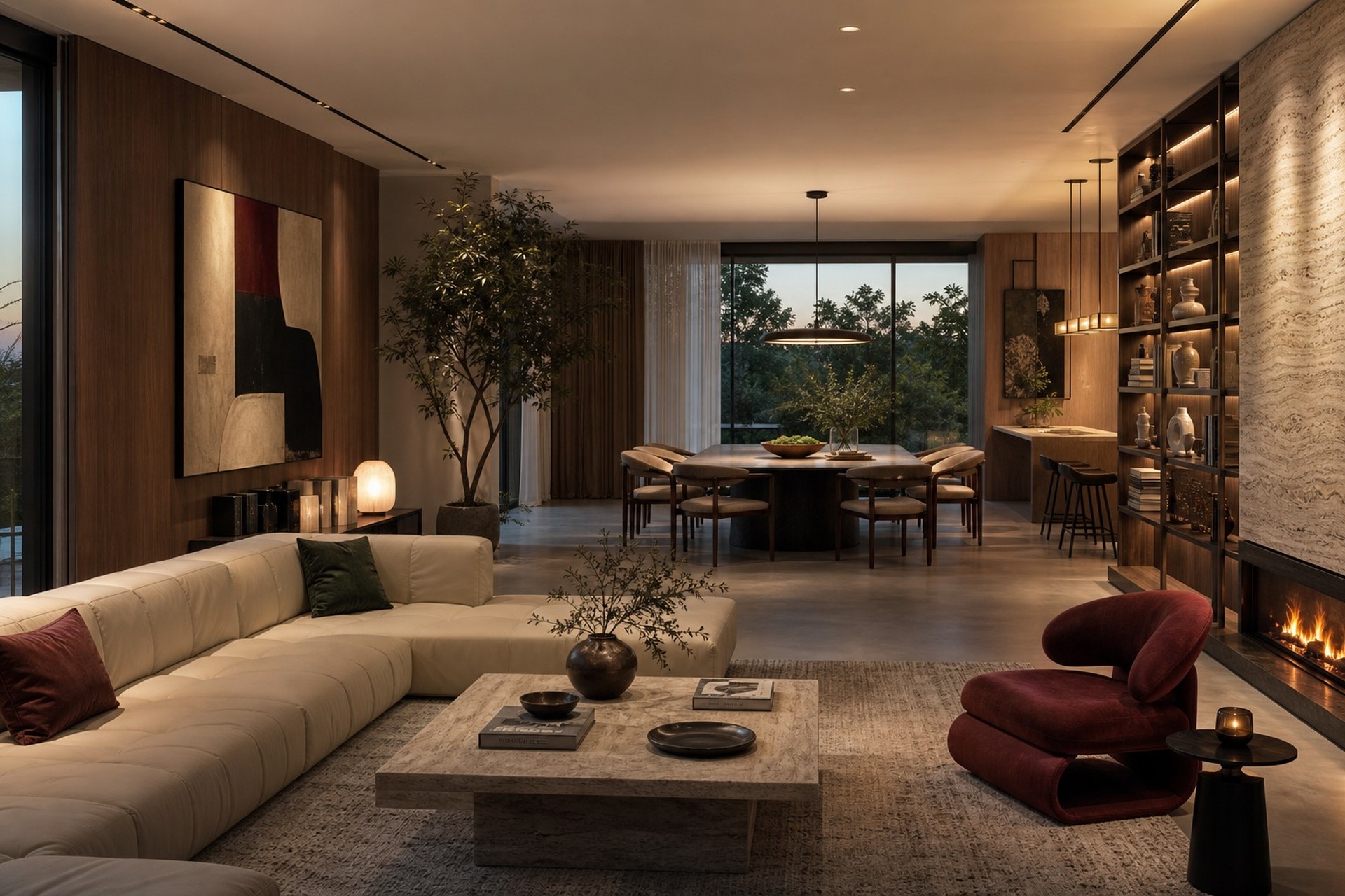 Art eclectic living and dining interior with curated furniture and warm ambient lighting