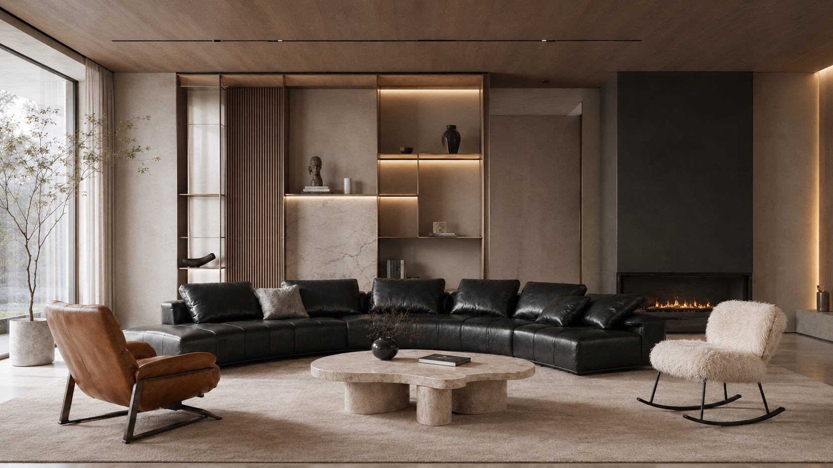 Contemporary lounge with black leather sofa, fireplace, warm shelving, and layered accent chairs