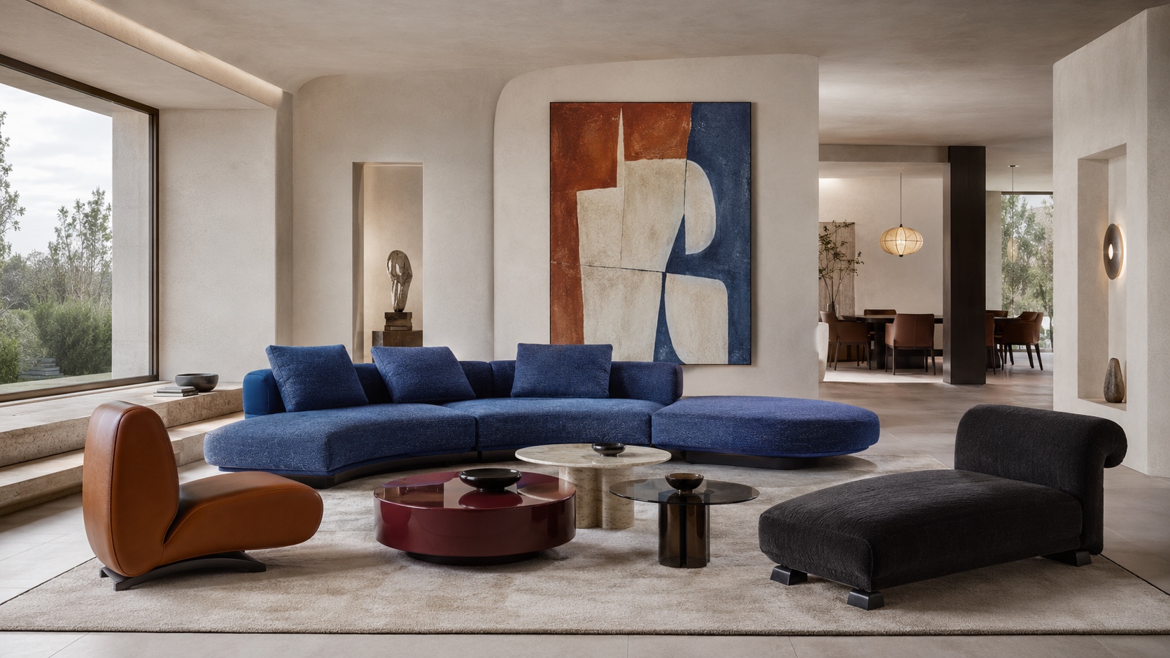 Artful contemporary lounge with cobalt blue sofa, sculptural seating, and open dining view