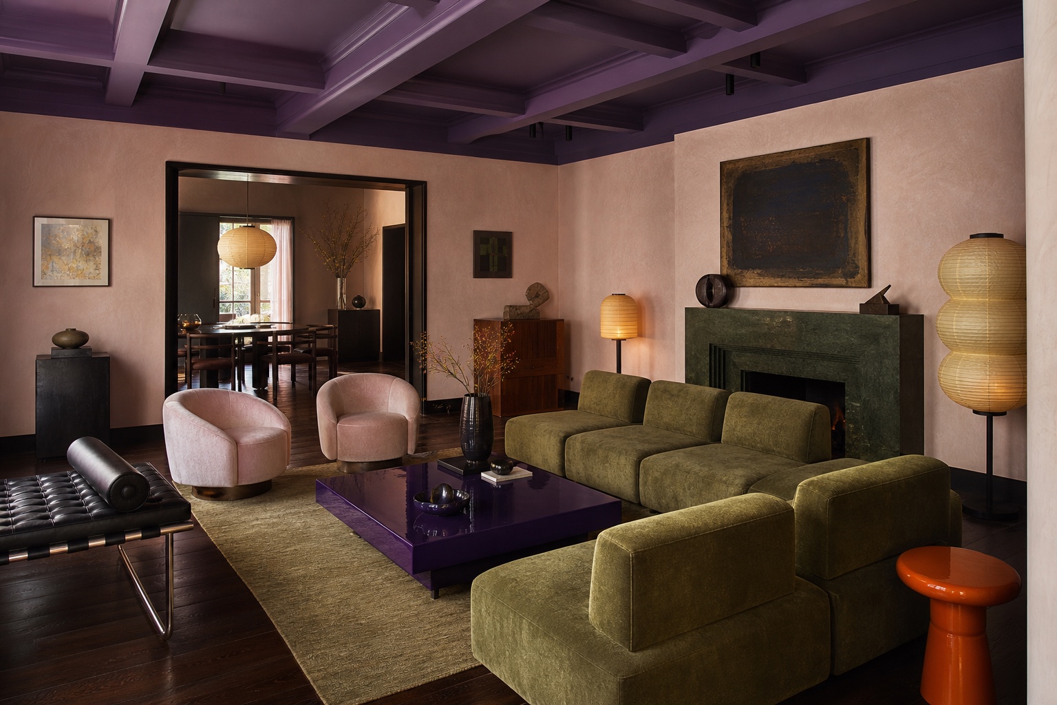 Eclectic colorful lounge with olive sofa, violet ceiling, sculptural lighting, and layered art pieces