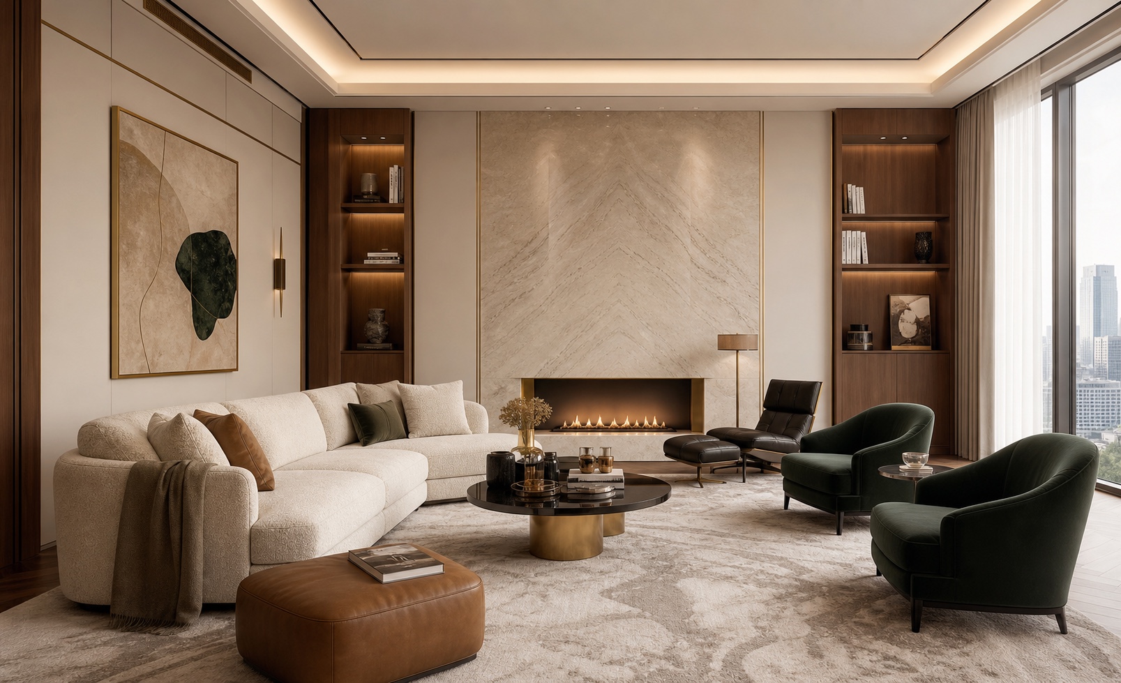 Elegant living room with marble fireplace, cream sofa, and deep green lounge chairs