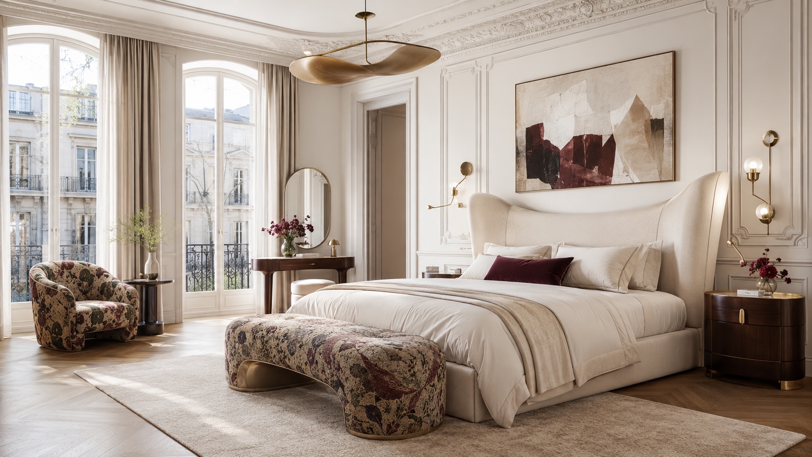 French inspired bedroom suite with sculptural bed, patterned lounge chair, and soft classical detailing