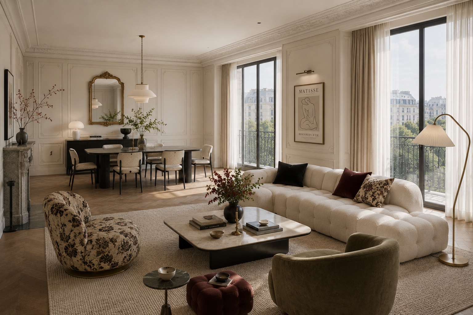 French inspired living and dining room with classical wall moulding, soft sofa, and refined decor