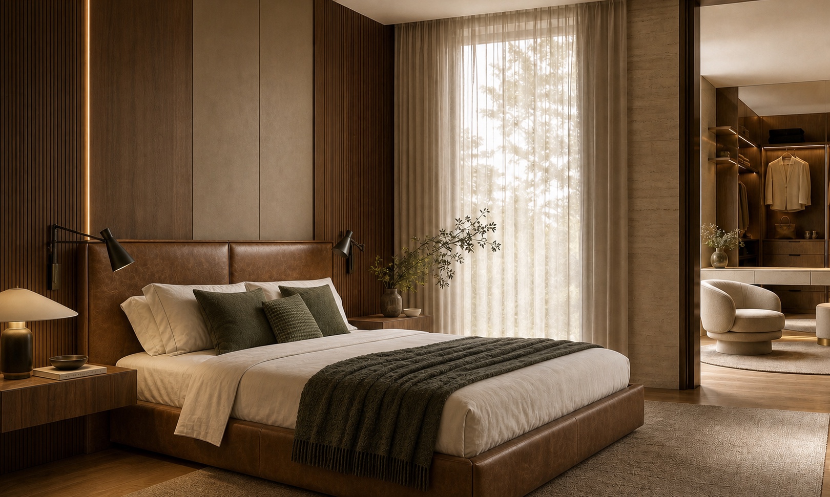 Warm leather bedroom suite with walnut wall panels, dressing lounge, and soft green textiles