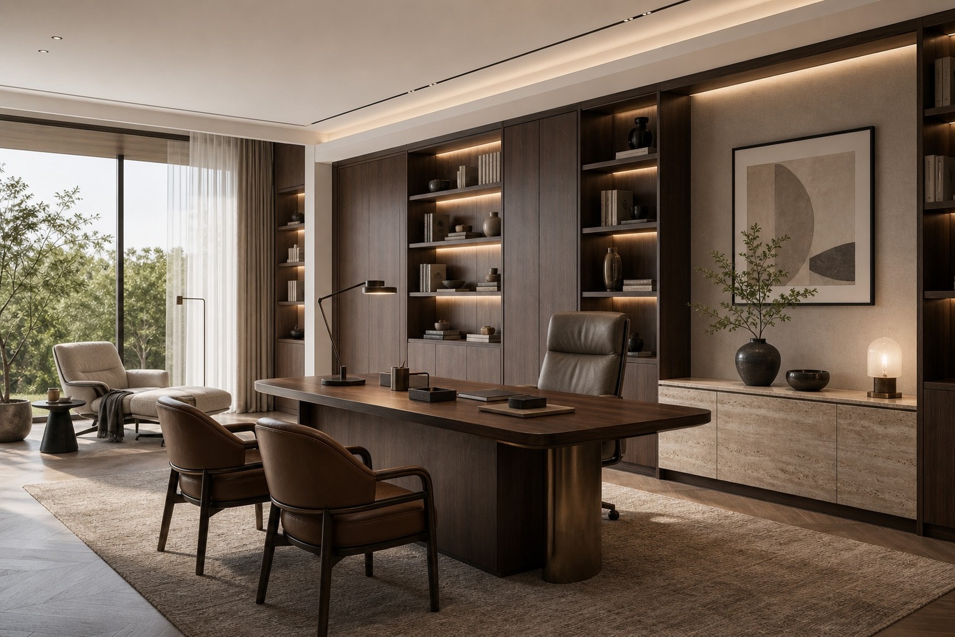 Light luxury study suite with executive desk, shelving, and reading lounge