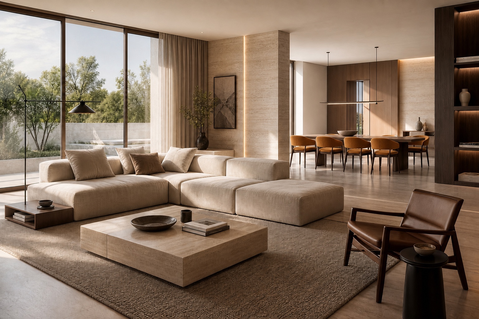 Open-plan living and dining suite with warm natural materials, soft sofa, and connected dining area