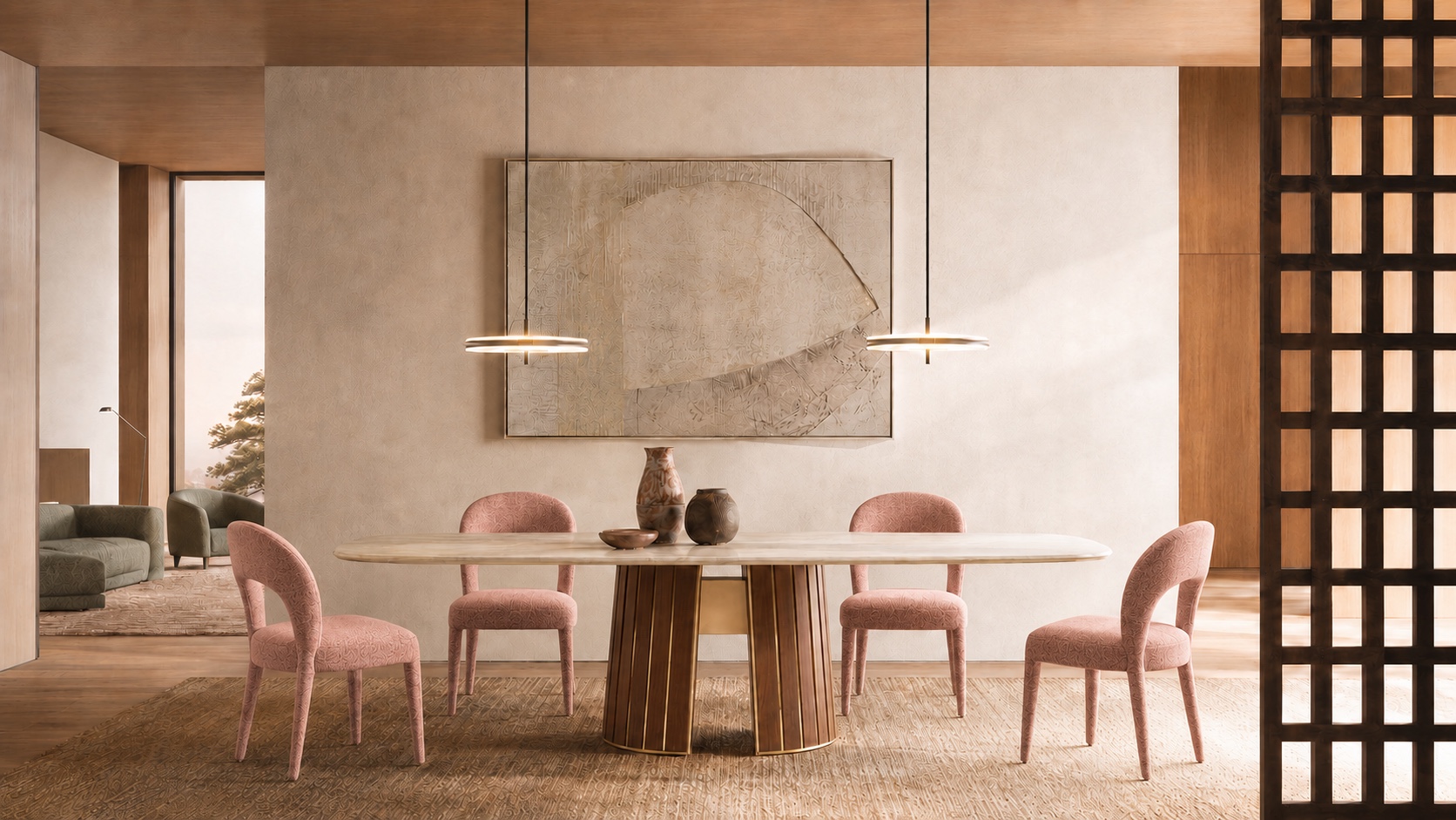 Soft dining room with pink upholstered chairs, sculptural pendant lights, and warm wood architectural details